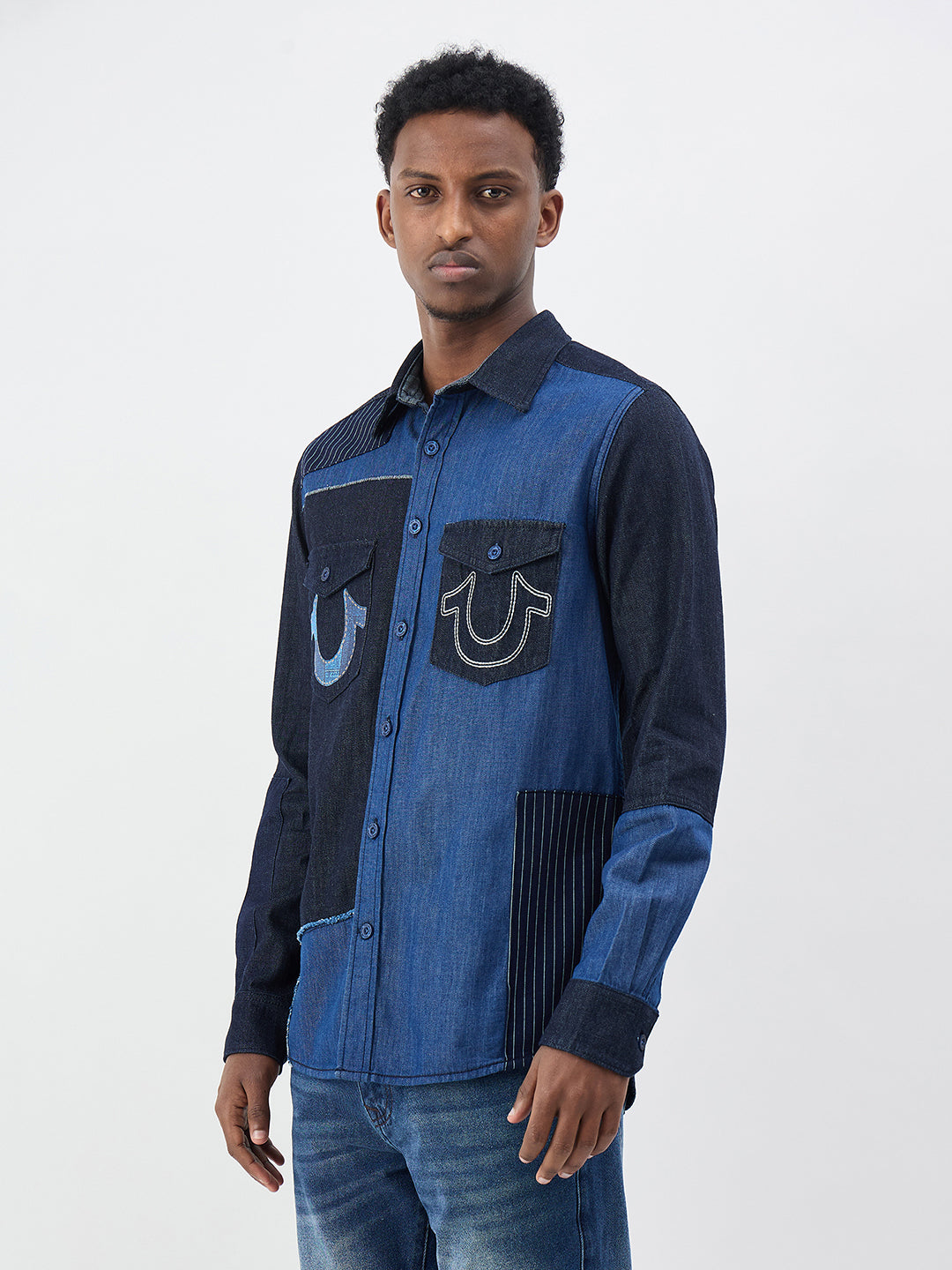 True Religion Men Colourblocked Blue Shirt