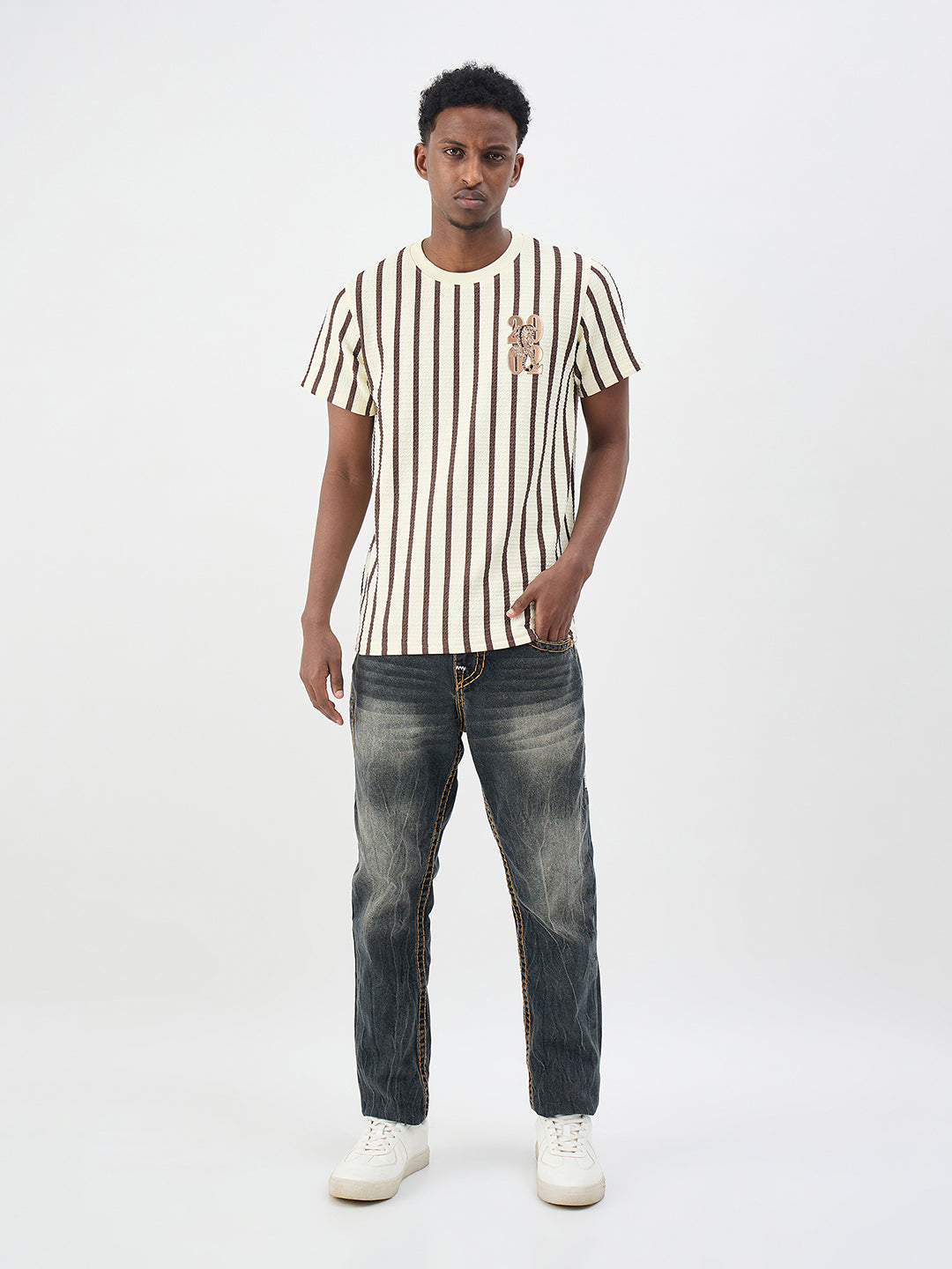 True Religion Men Striped Beige T-Shirt