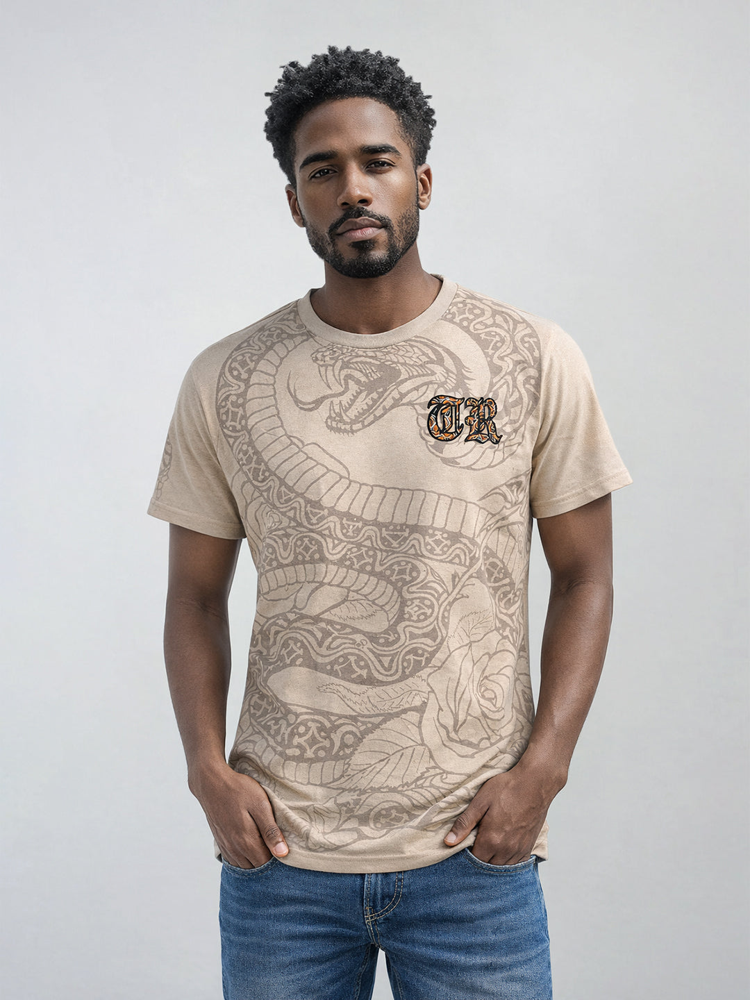 True Religion Men Beige Printed Cotton T-Shirt