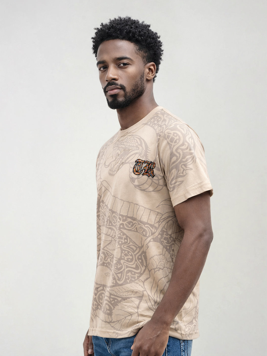 True Religion Men Beige Printed Cotton T-Shirt