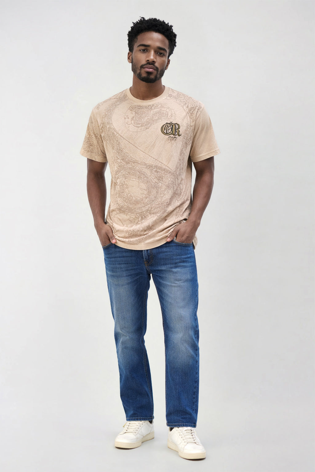 True Religion Men Beige Printed Cotton T-Shirt