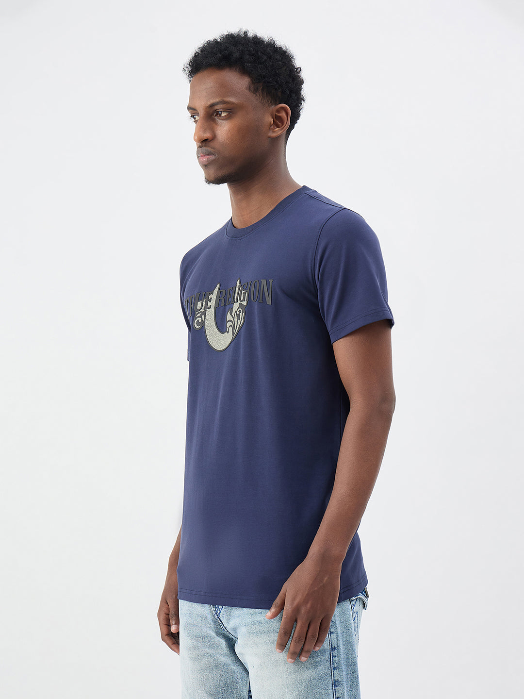 True Religion Men Solid Indigo Blue T-Shirt