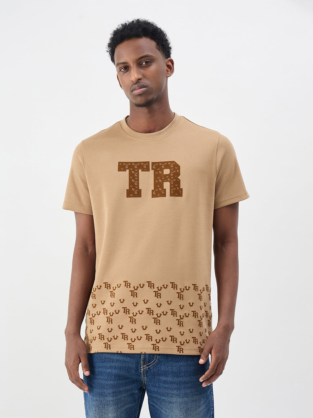 True Religion Men Printed Khaki T-Shirt