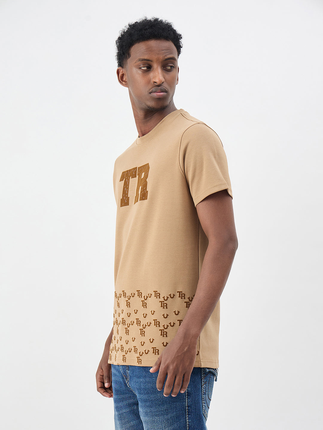 True Religion Men Printed Khaki T-Shirt