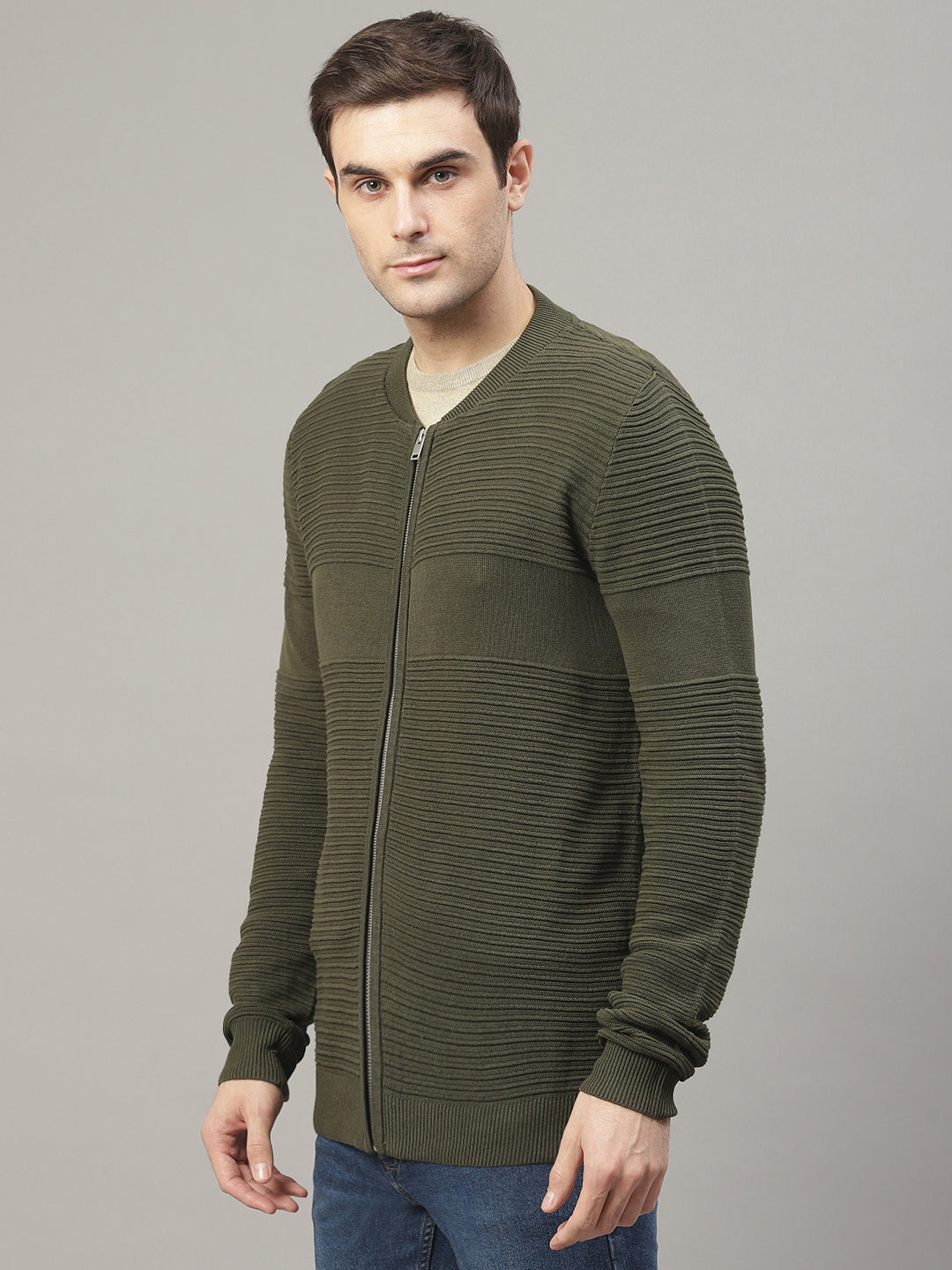 Lindbergh Men Green Solid Mandarin Collar Sweater