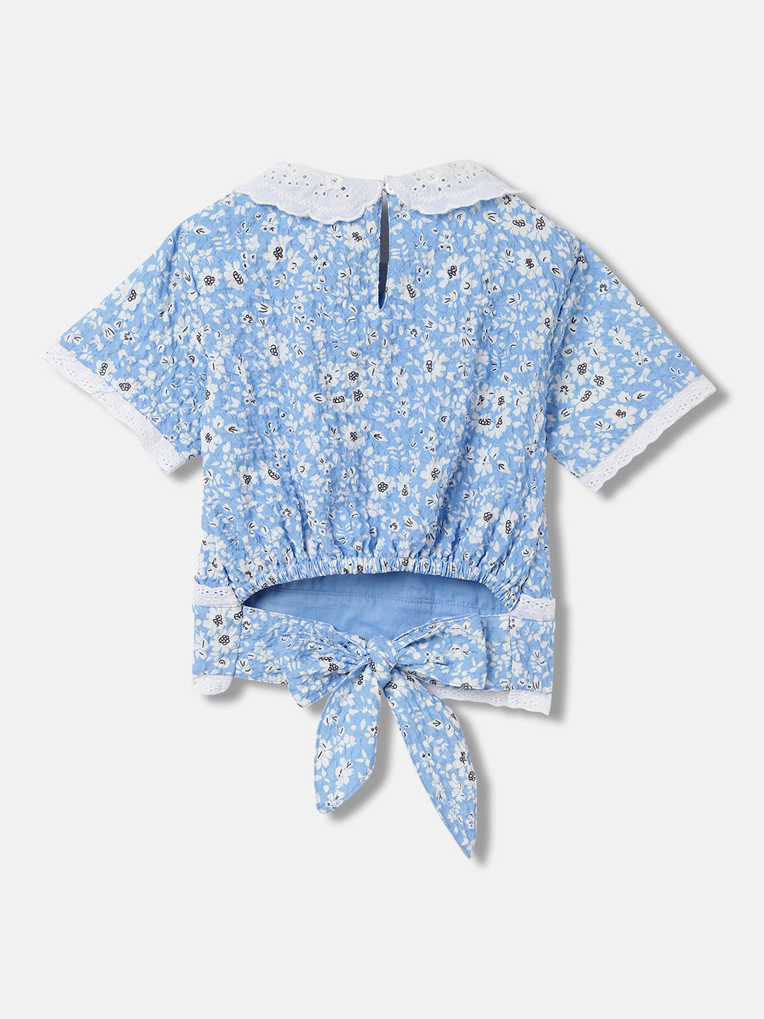 Blue Giraffe Girls Blue Printed Peter Pan Collar Short Sleeves Top