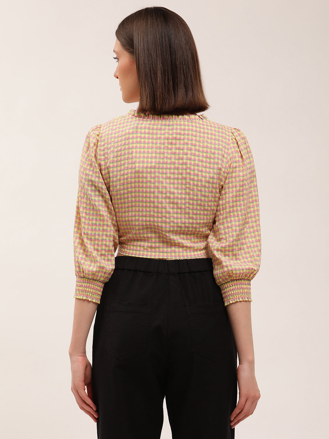 Elle Women Multi Checked Round Neck Top