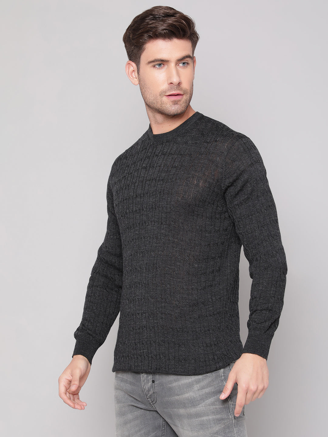 Bruun & Stengade Men Grey Solid Round Neck Sweater