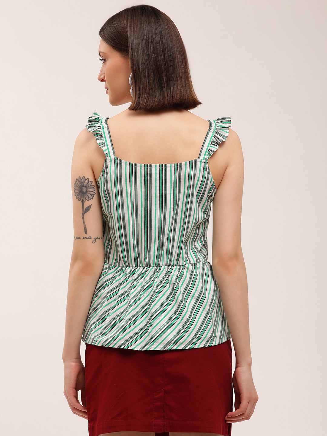 Elle Women Green Striped Square Neck Top