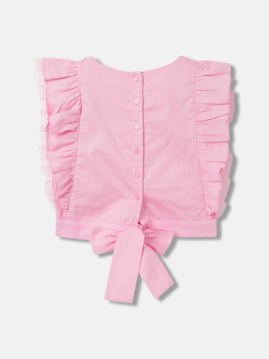 Elle Kids Girls Pink Solid Round Neck Short Sleeves Top