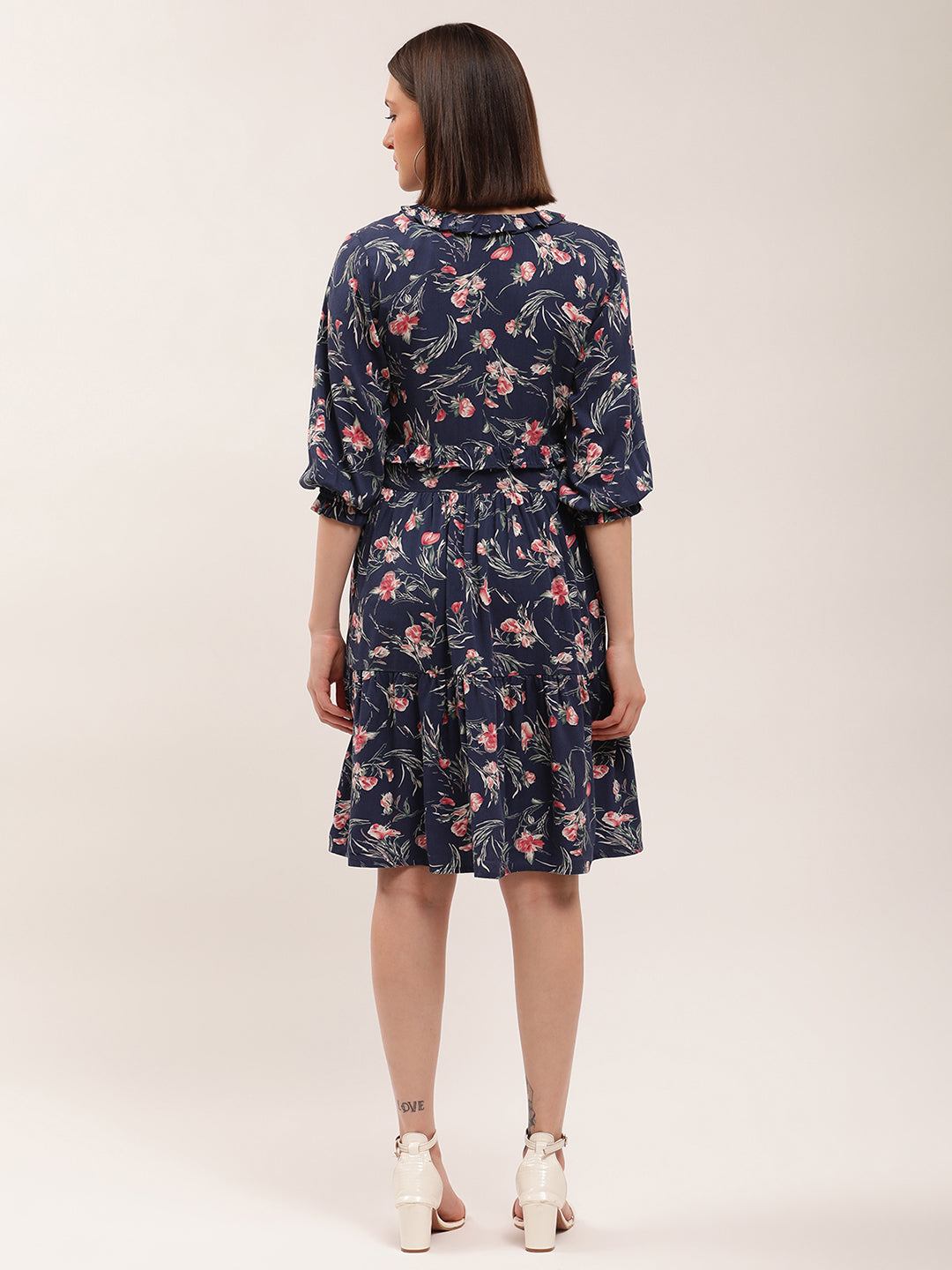 Elle Women Navy Blue Printed V Neck Dress