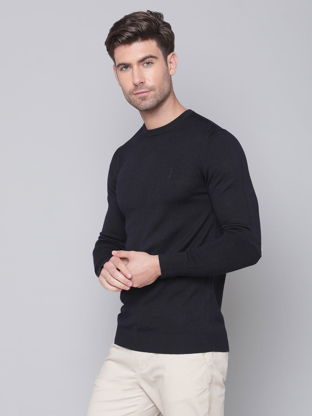 Bruun & Stengade Men Navy Blue Solid Round Neck Sweater