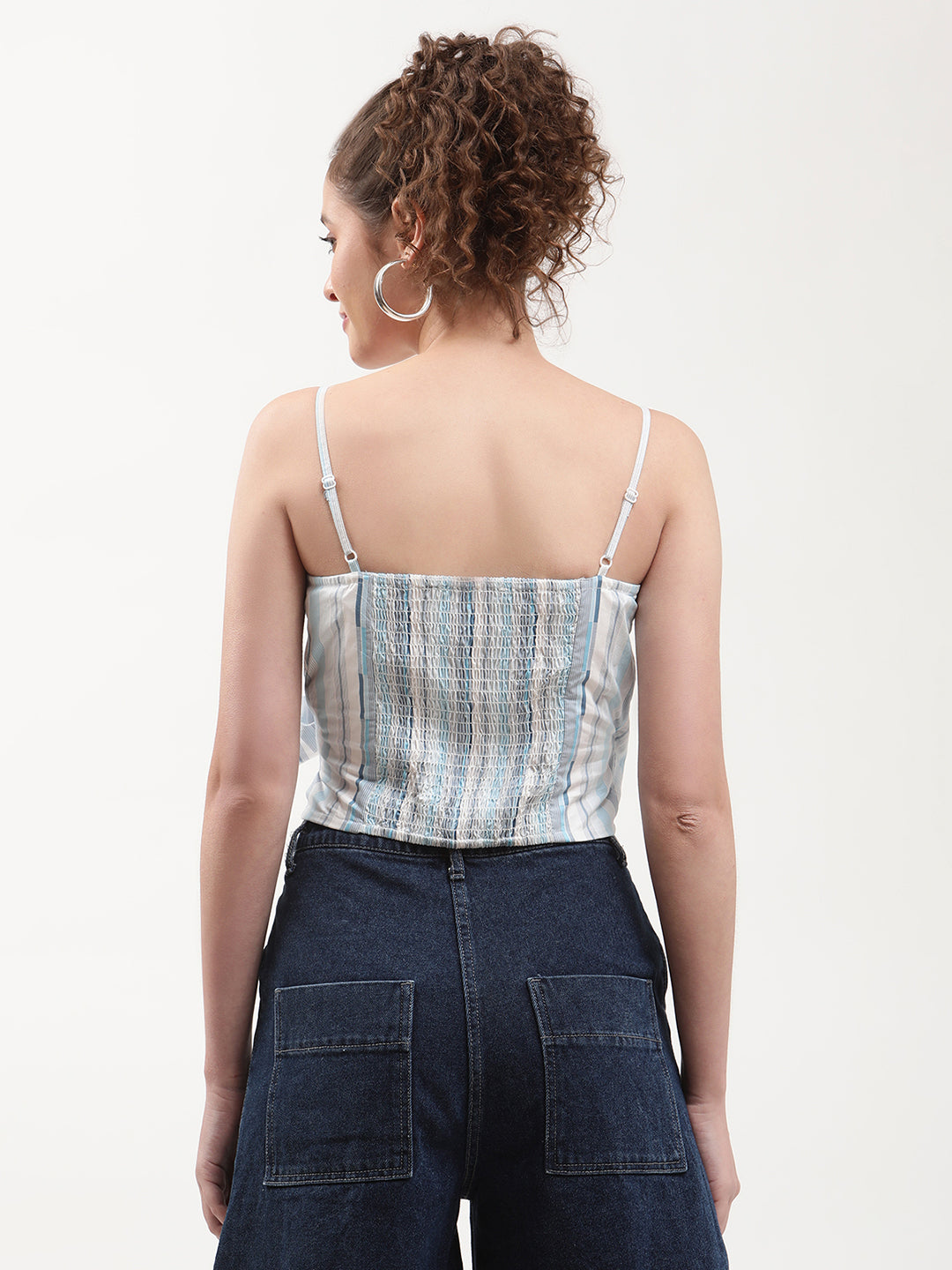 Elle Women Blue Striped V Neck Top