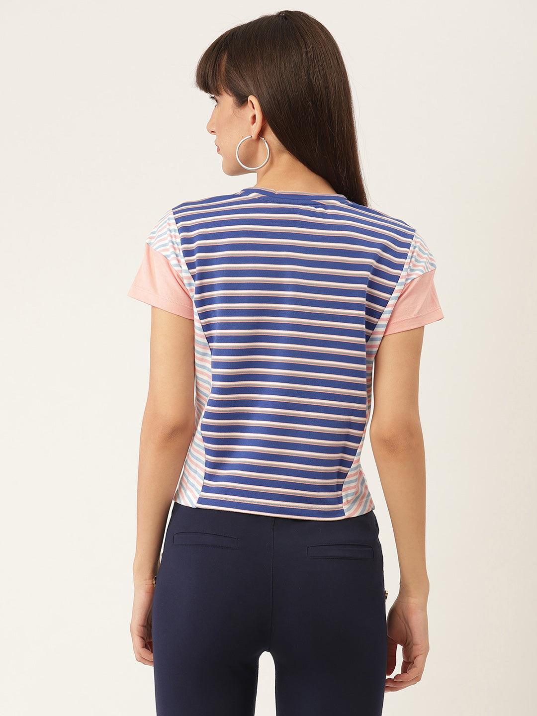 Elle Women Blue Printed Round Neck TShirt