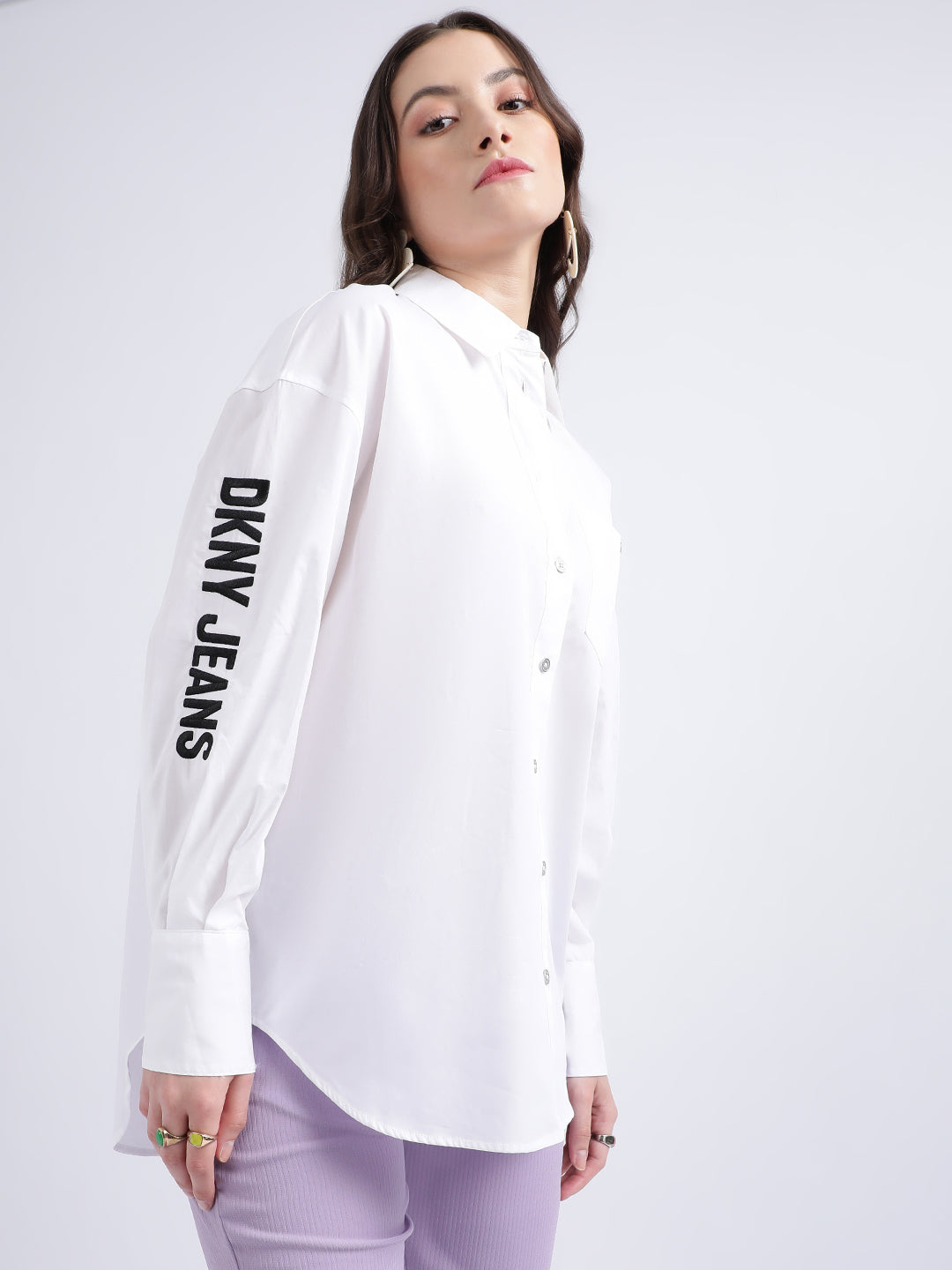 DKNY Women White Solid Collar Shirt