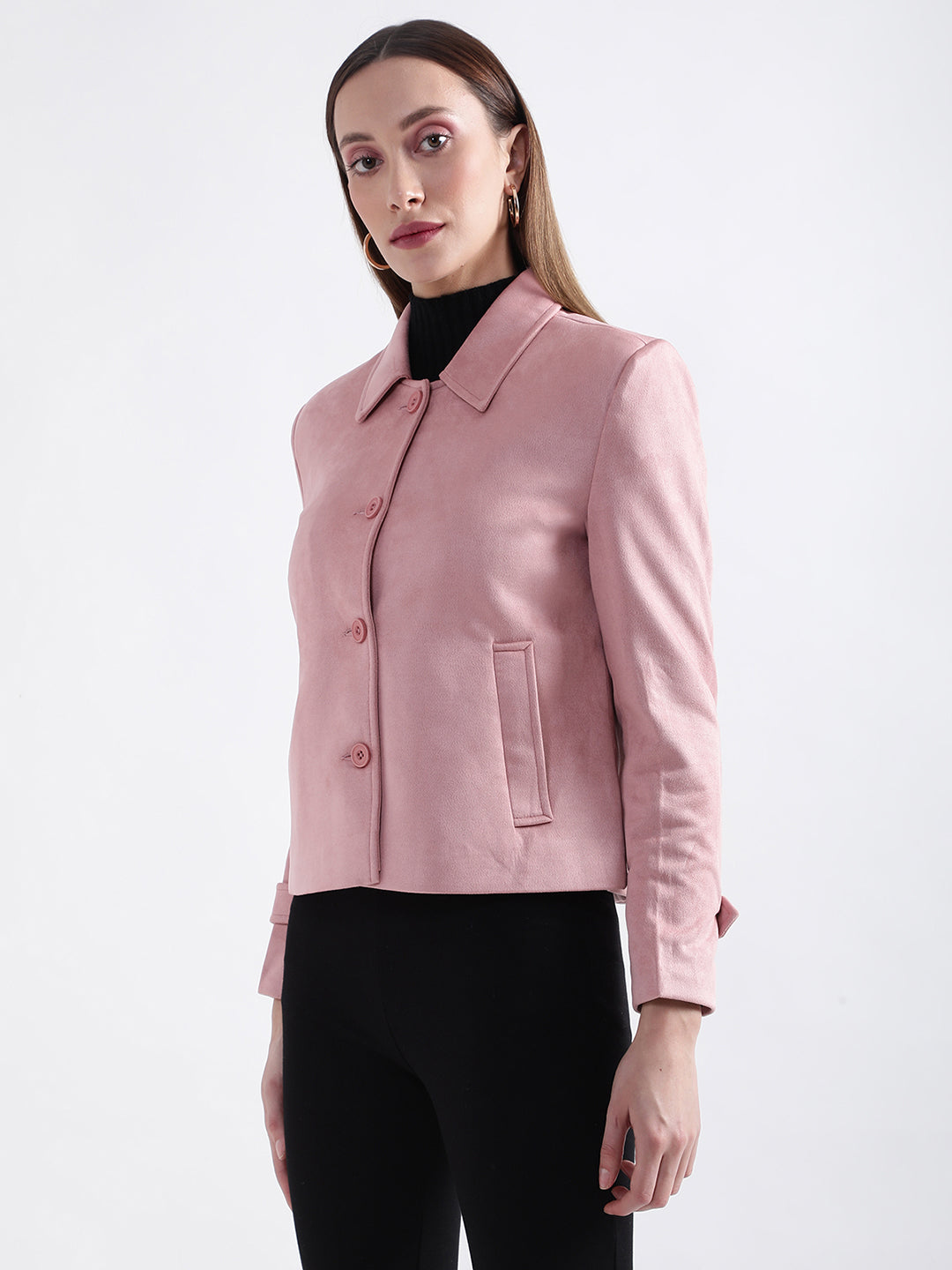 Centre Stage Women Pink Solid Collar Jacket