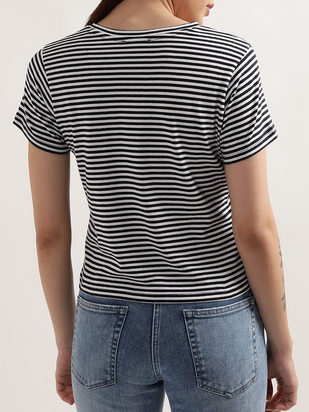 Elle Women Black Striped Tshirt