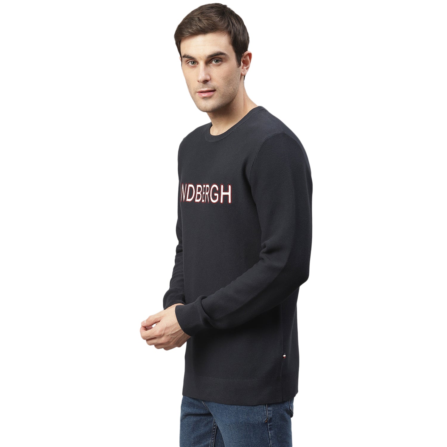 Lindbergh Men Navy Printed Round Neck Sweater