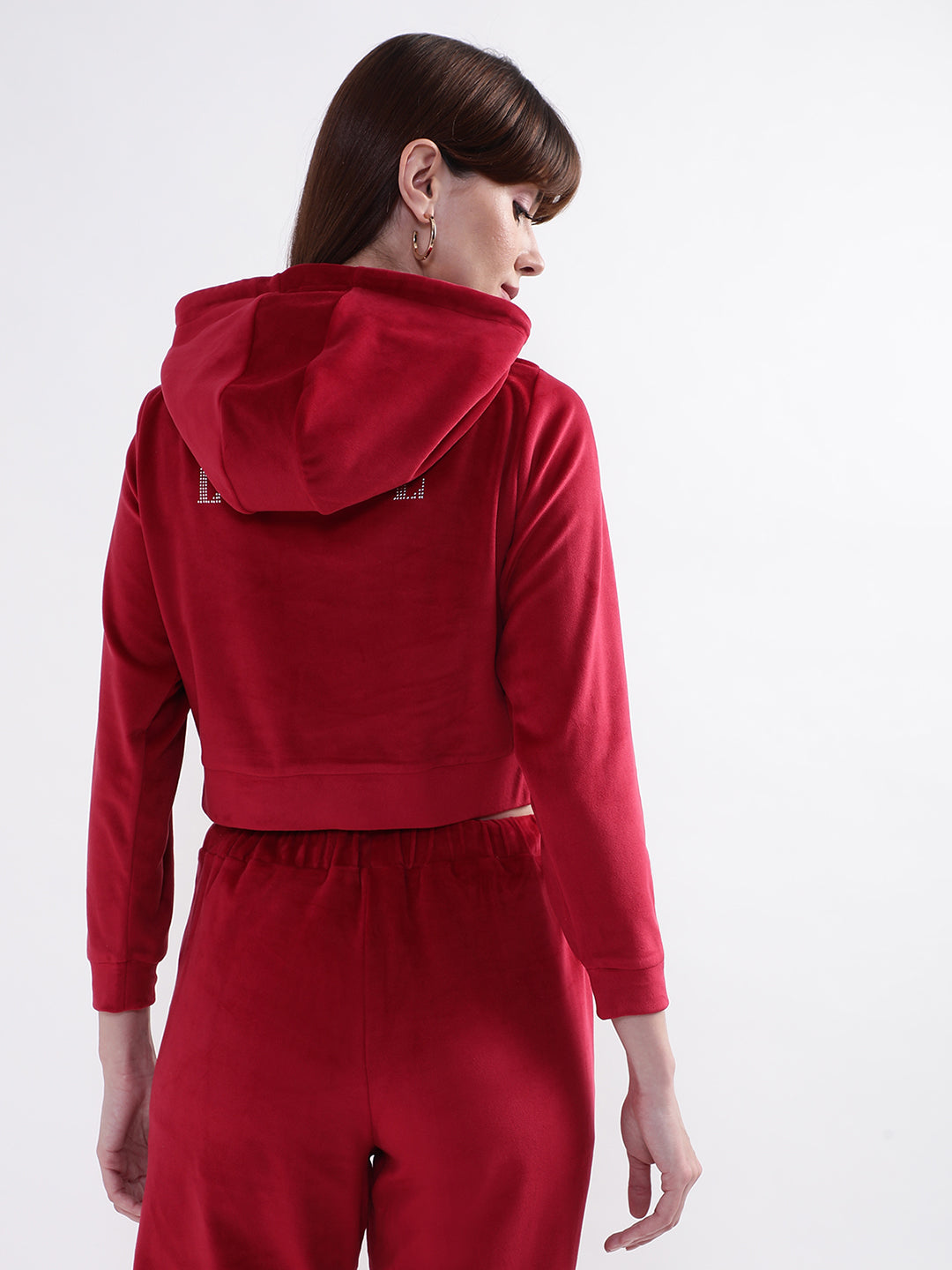 Elle Women Maroon Solid Hooded Sweatshirt