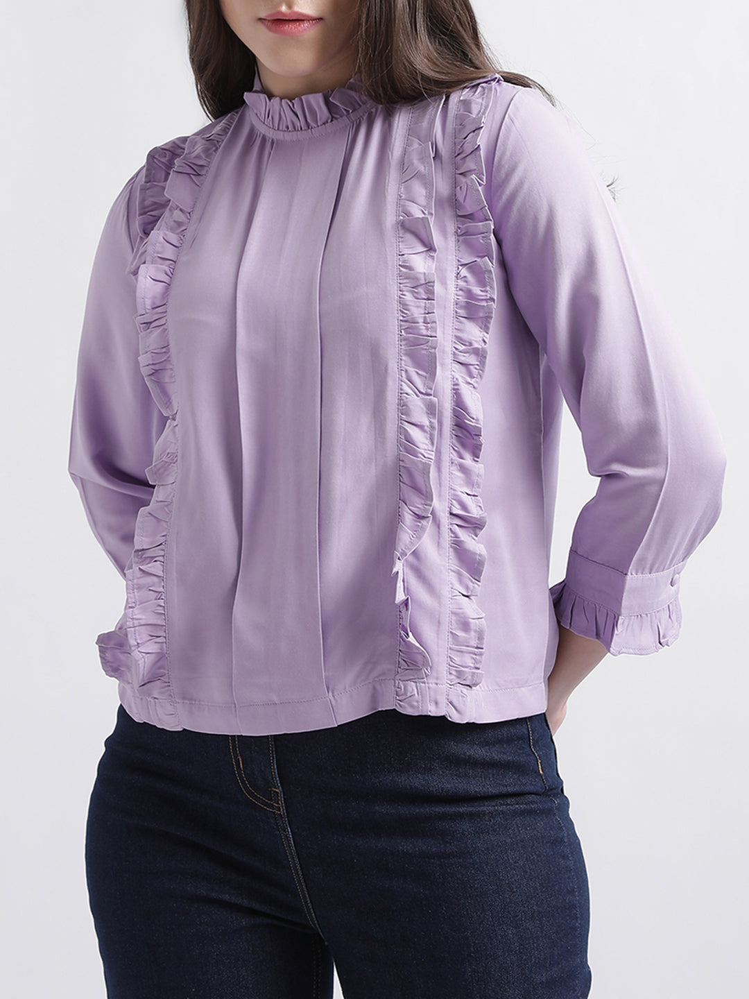 Shop Centre Stage Women Lilac Solid Band Collar Top Online