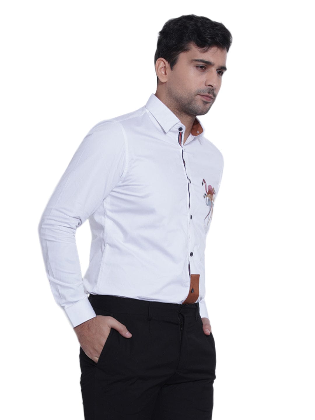 Abkasa Men White Embroidered Collar Shirt