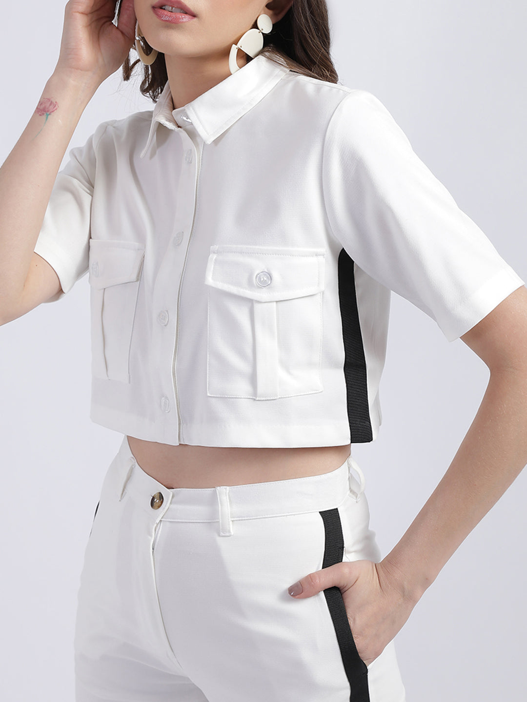 Centre Stage Women Off White Solid Notch Collar Top