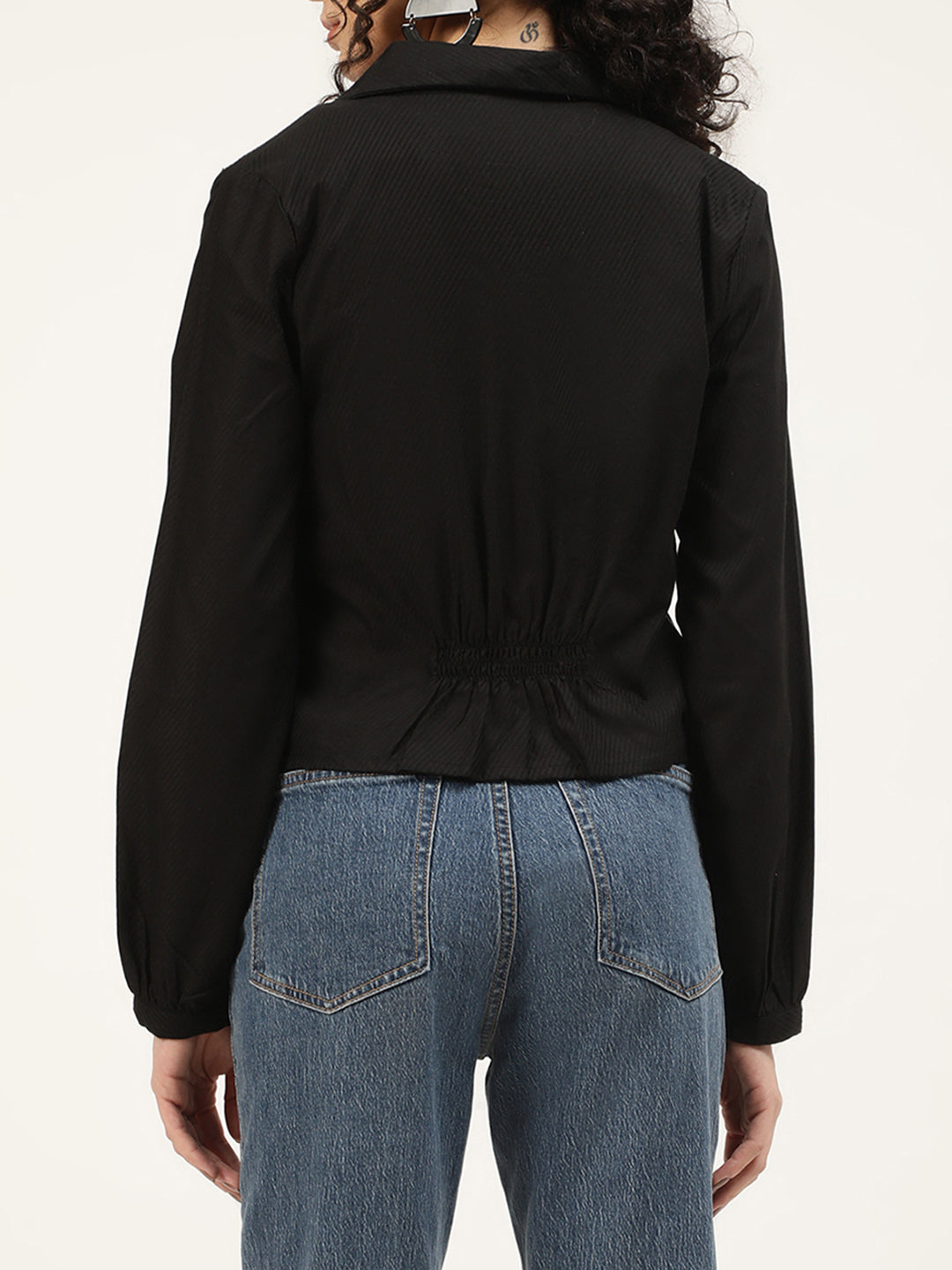 Elle Women Black Solid Collar Top