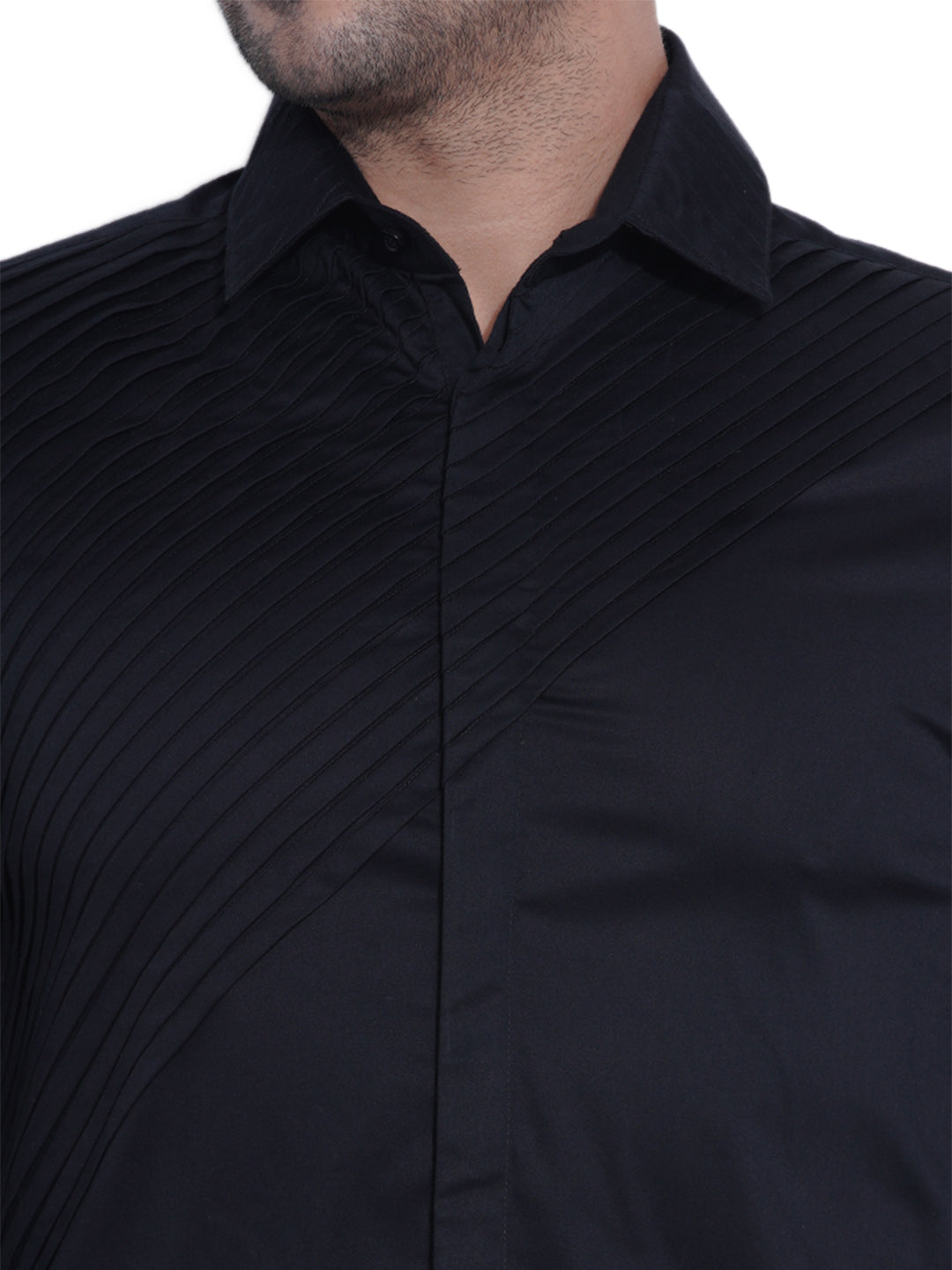 Abkasa Men Black Pleats Collar Shirt
