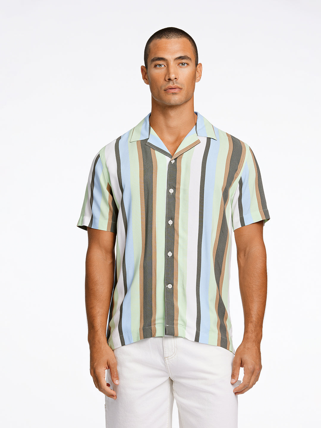Lindbergh Men Green Relaxed Fit Striped Shirt Collar Shirt