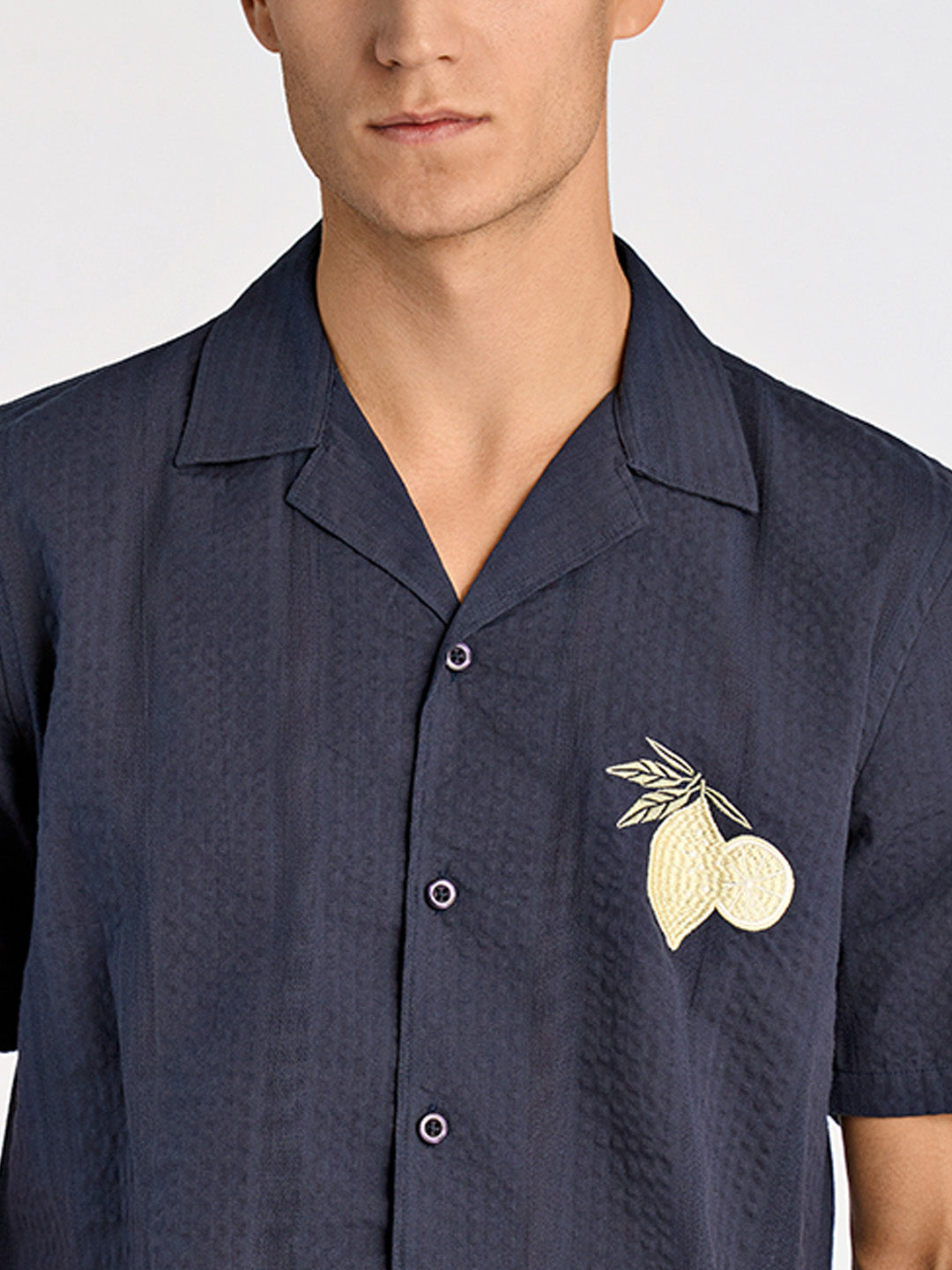 Lindbergh Men Blue Regular Fit Embroidered Shirt Collar Shirt