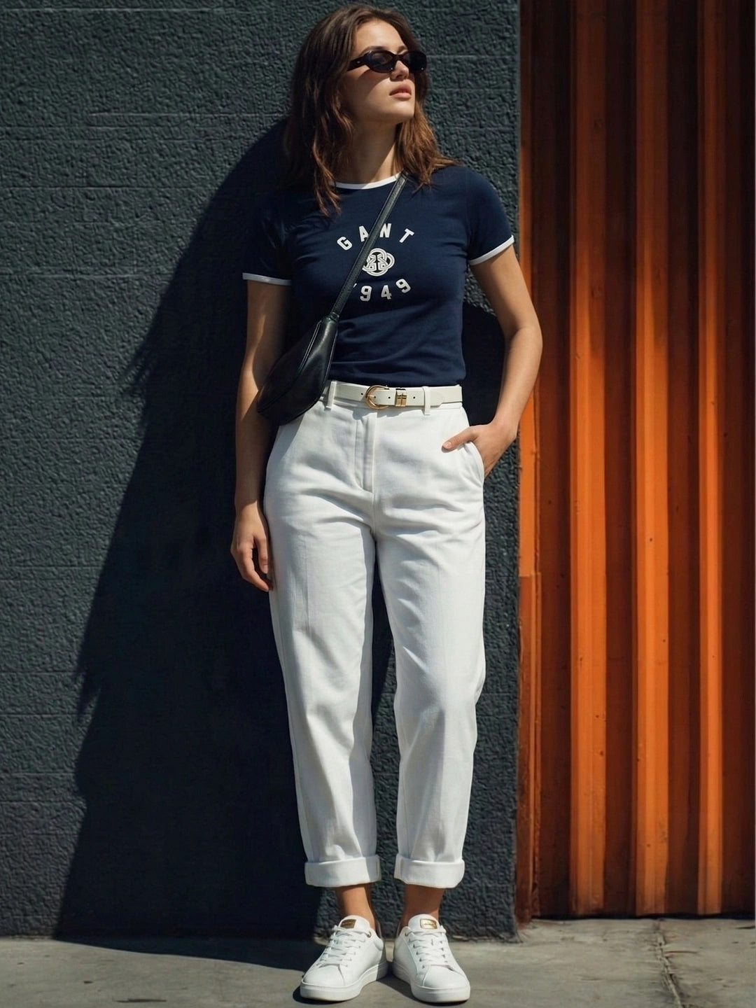 Gant Women Navy Blue Logo Slim Fit Crew Neck T-Shirt