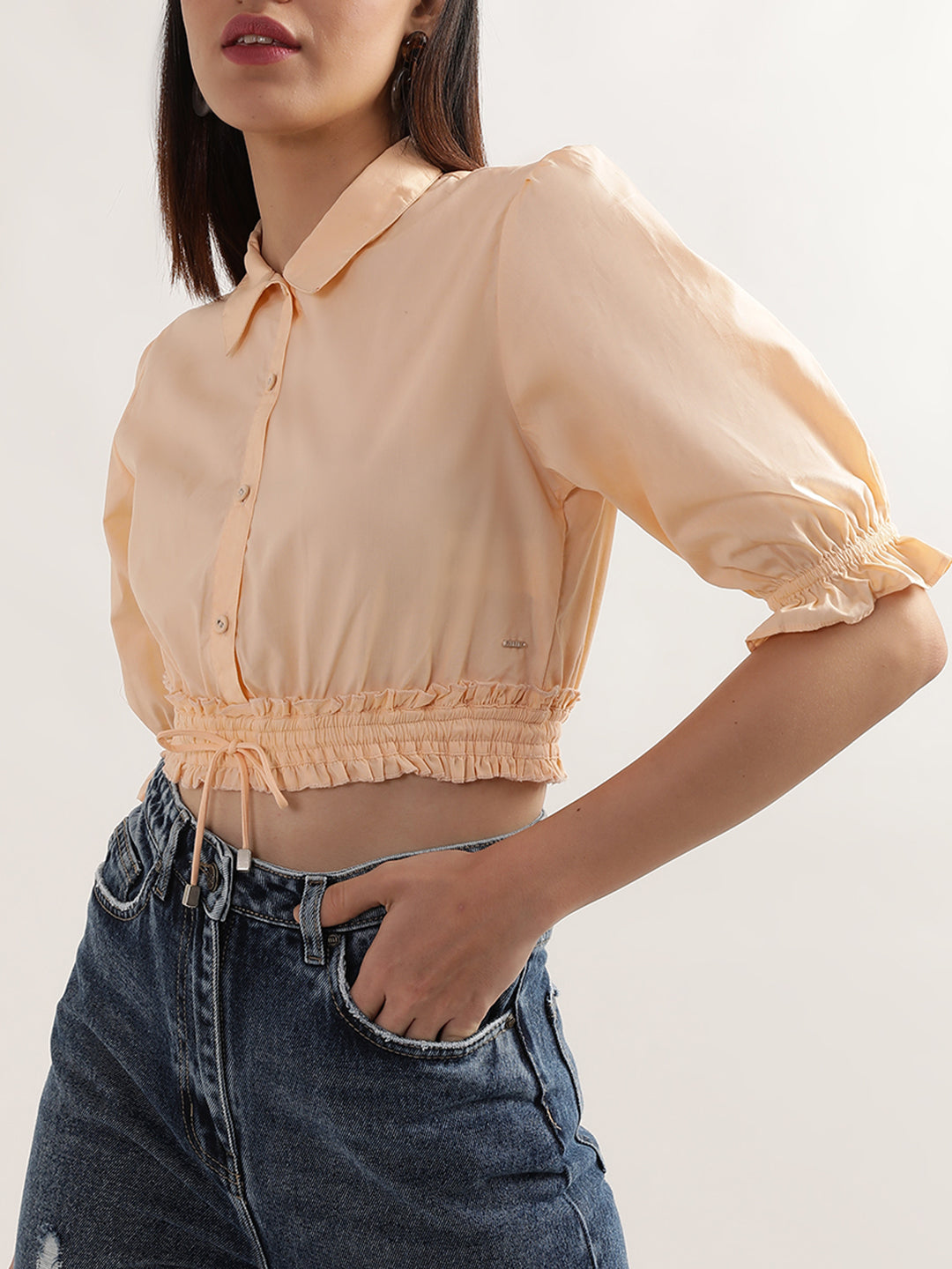 Elle Women Peach Solid Collar Top