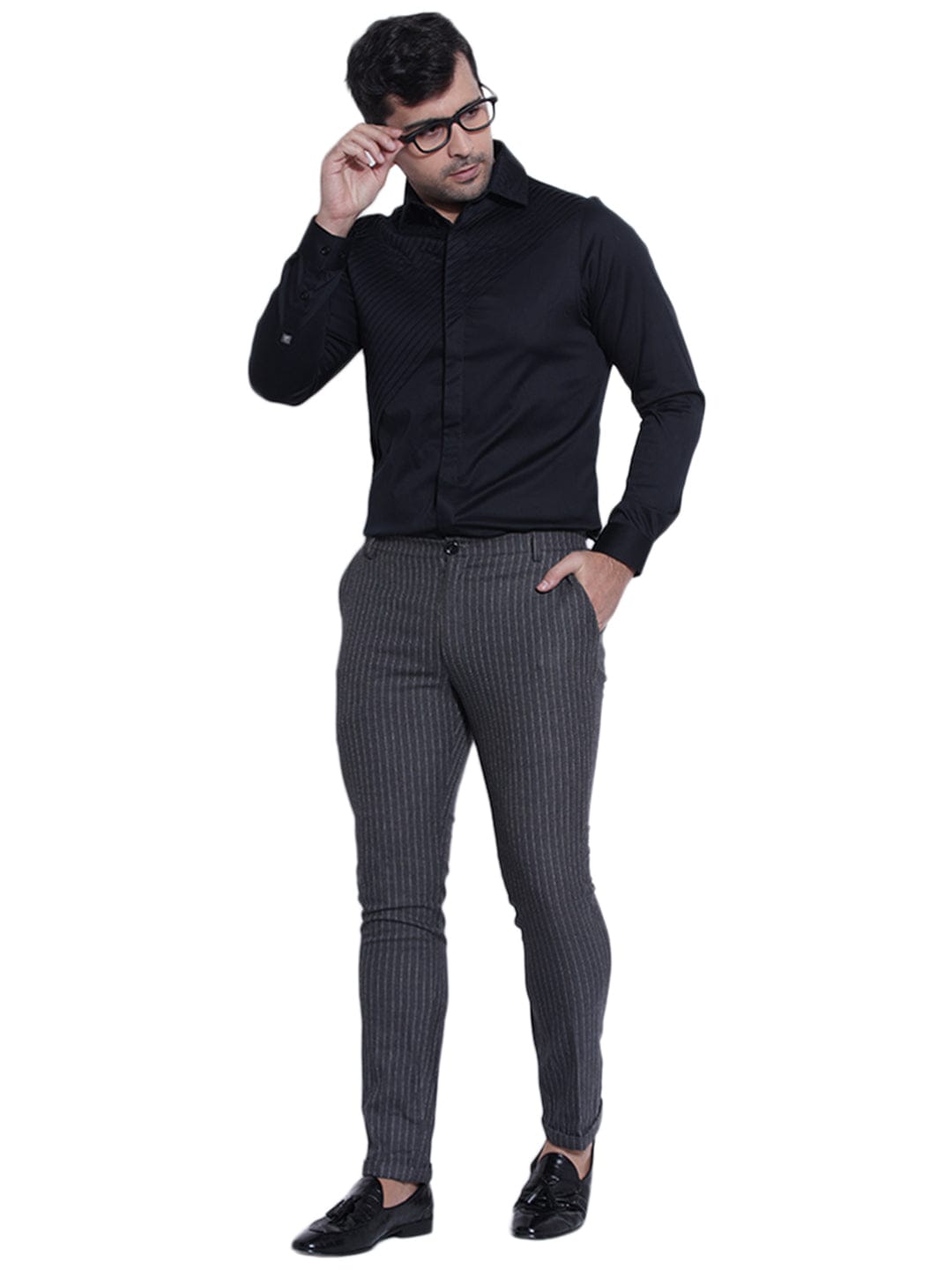 Abkasa Men Black Pleats Collar Shirt