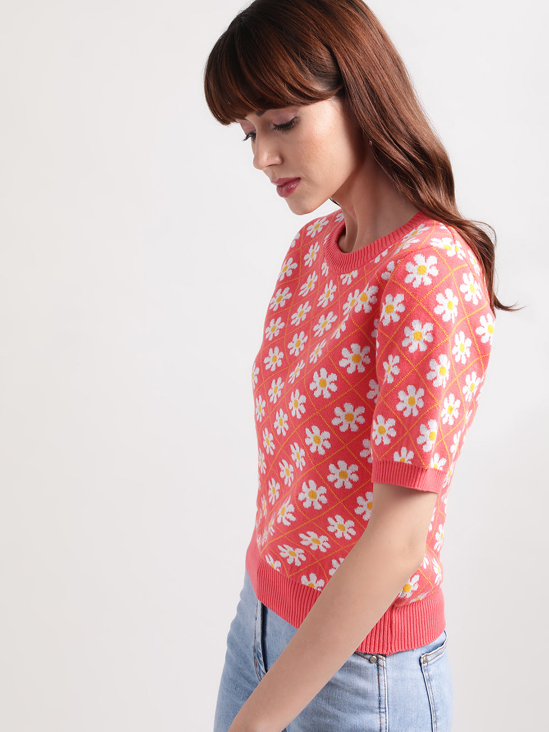 Elle Women Peach Self-Design Round Neck Top