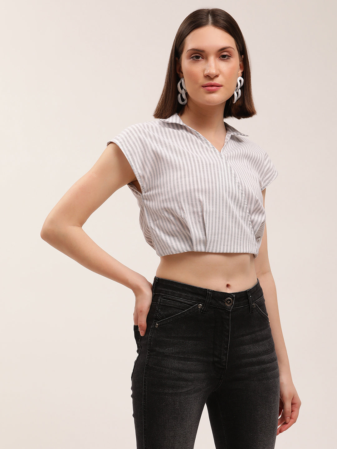 Elle Women Black Striped V Neck Top