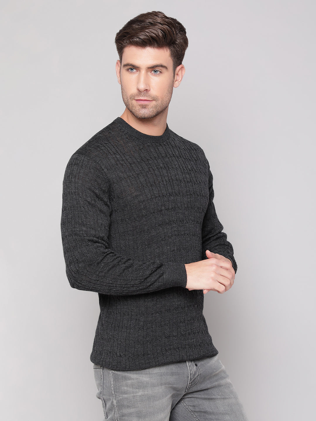Bruun & Stengade Men Grey Solid Round Neck Sweater