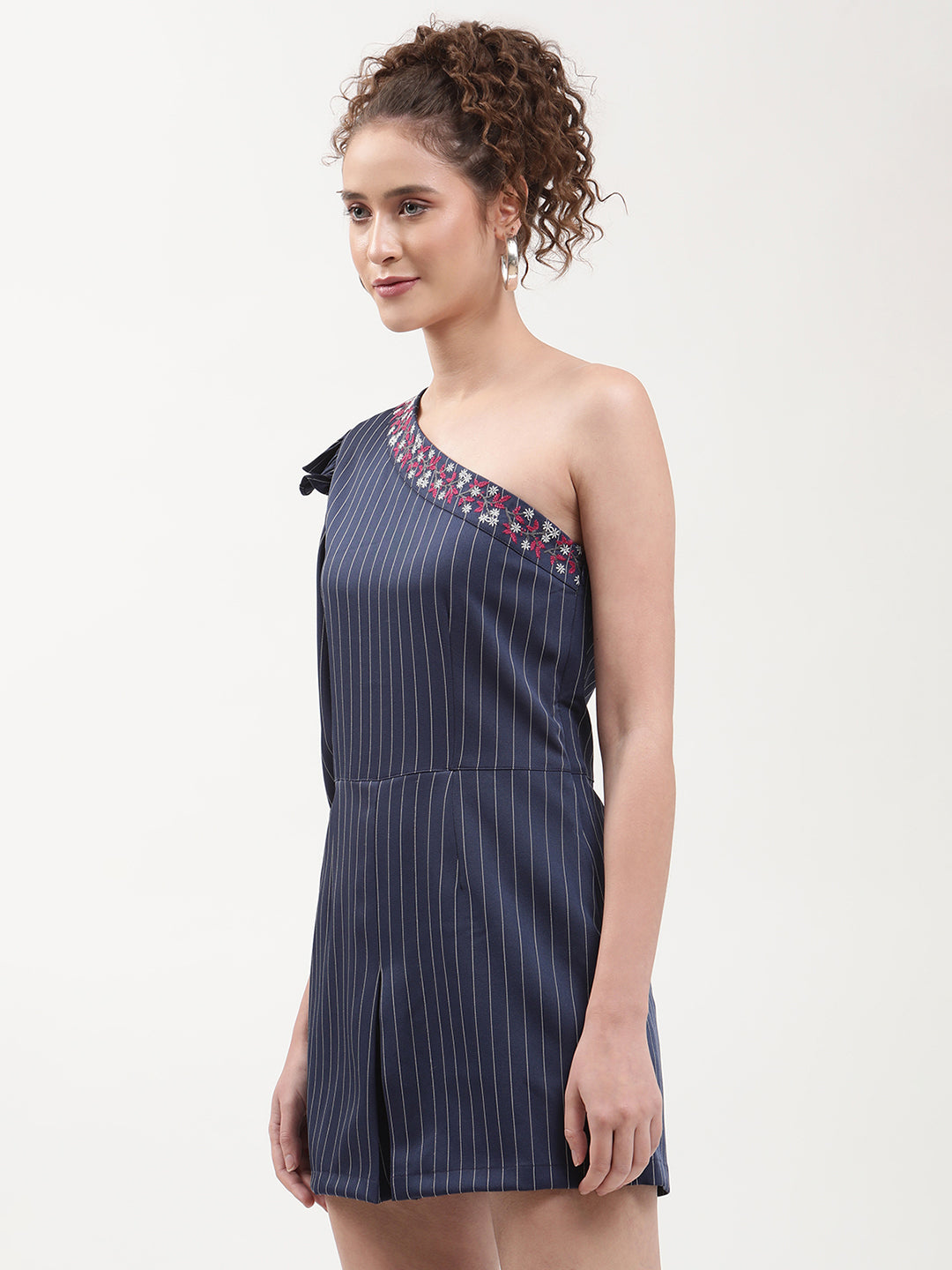 Elle Women Navy Blue Striped Assymetrical Neck Playsuit