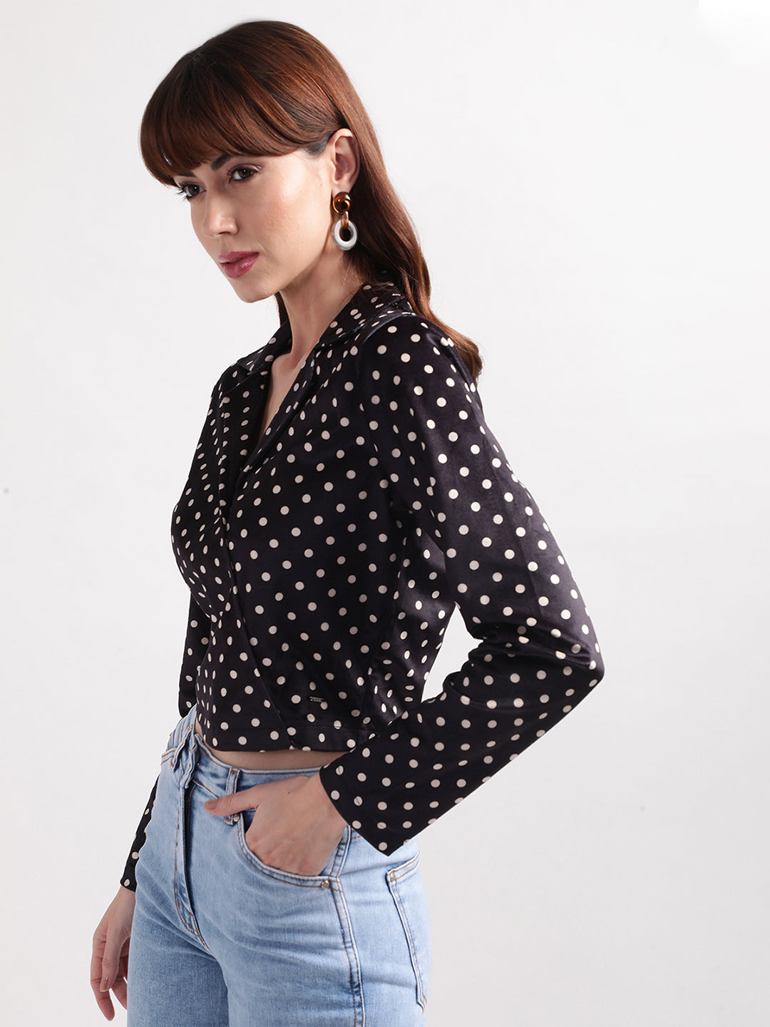 Elle Women Black Printed Collar Top