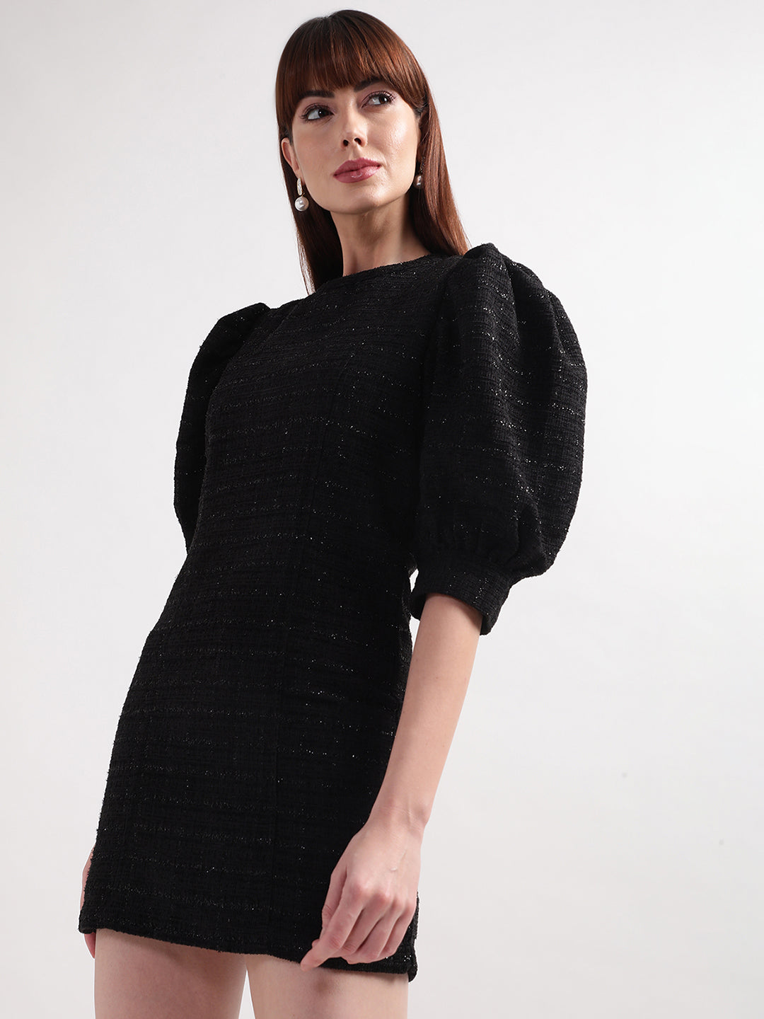 Elle Women Black Solid Band Collar Dress