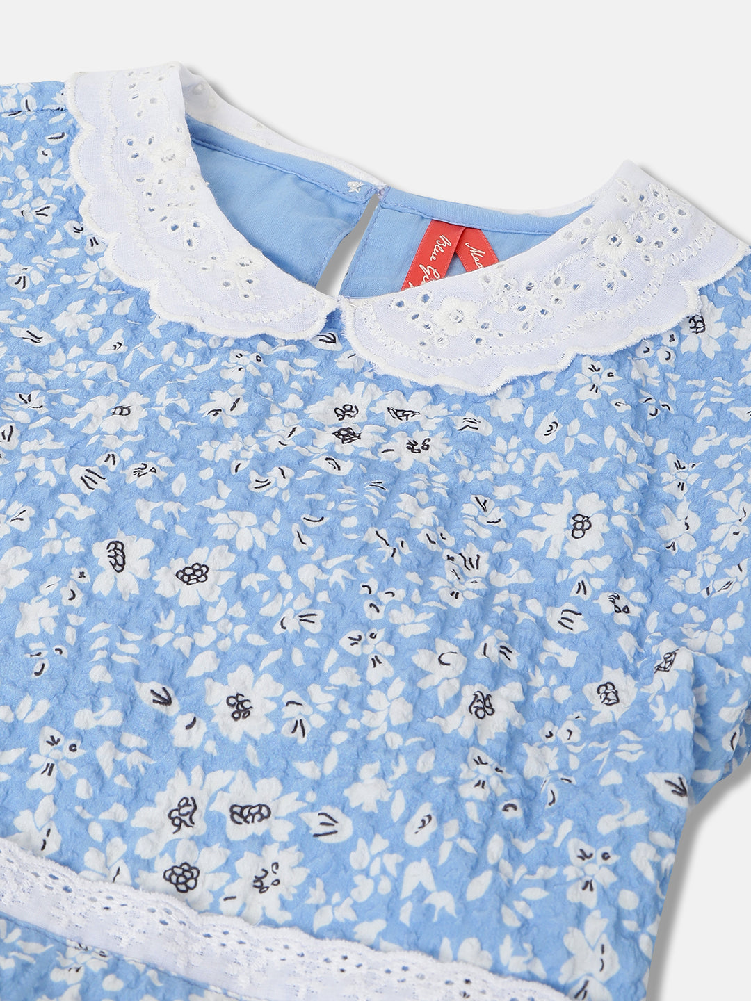 Blue Giraffe Girls Blue Printed Peter Pan Collar Short Sleeves Top