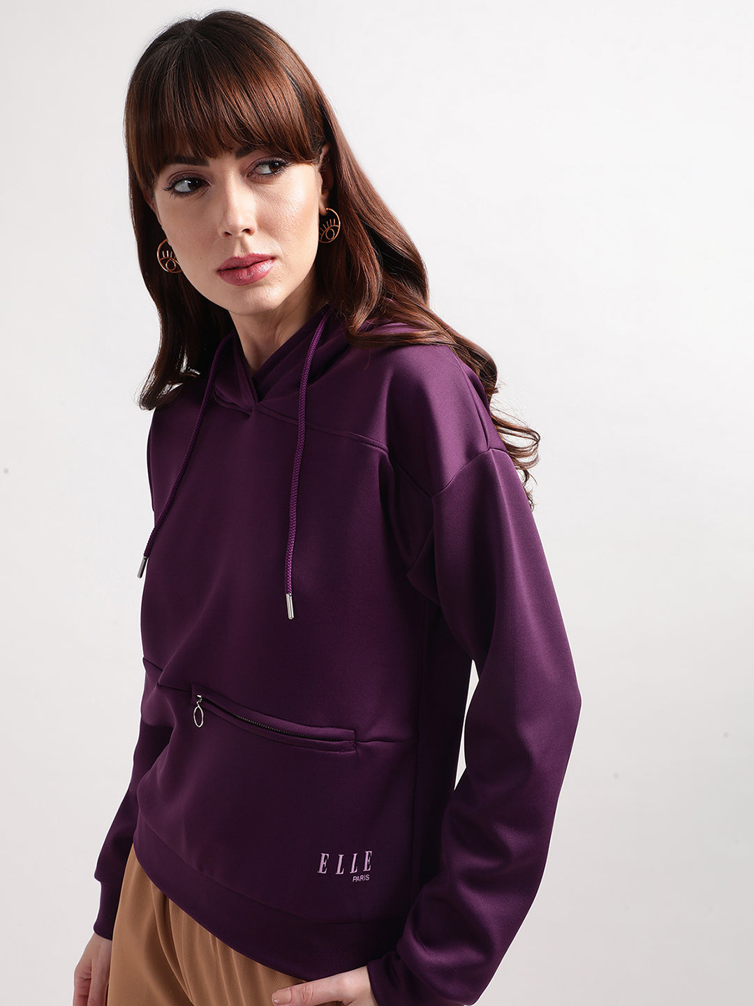 Elle Women Purple Solid Round Neck Sweatshirt