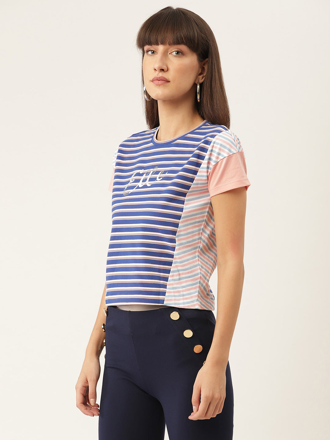 Elle Women Blue Printed Round Neck TShirt