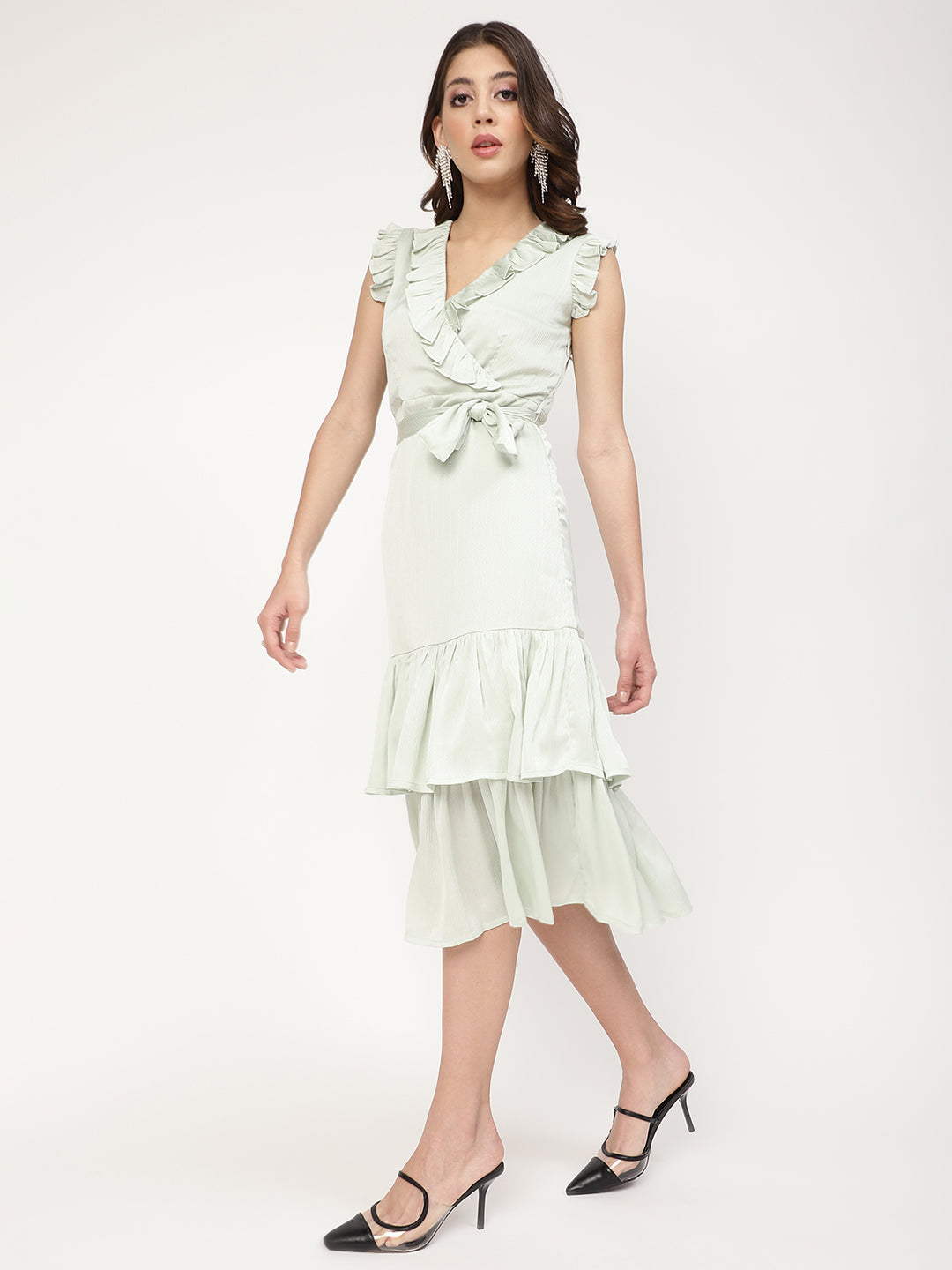 Centre Stage Women Green Printed V Neck Dress