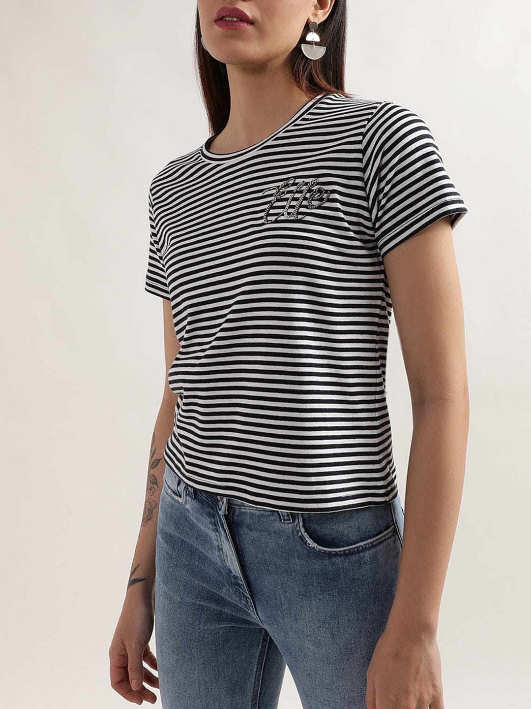 Elle Women Black Striped Tshirt