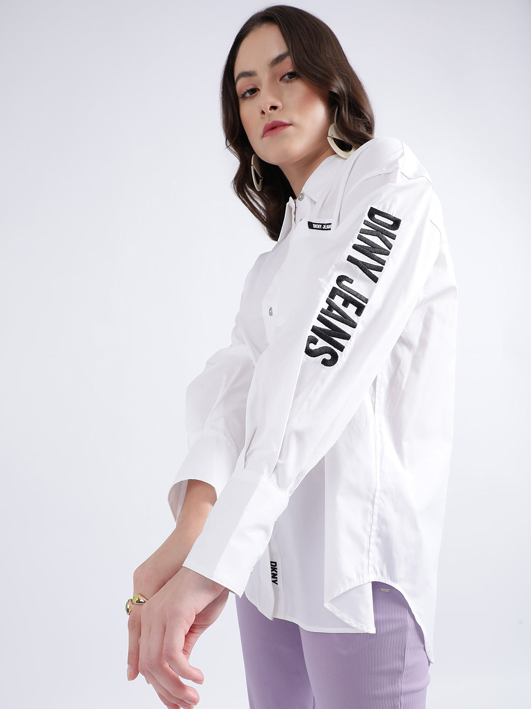 DKNY Women White Solid Collar Shirt