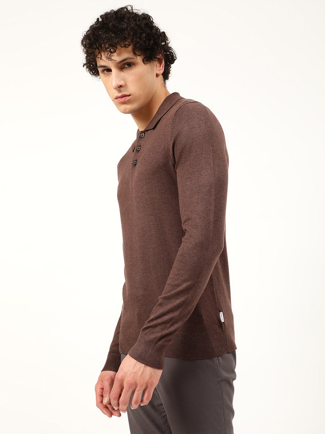Lindbergh Men Brown Solid Round Neck Sweater