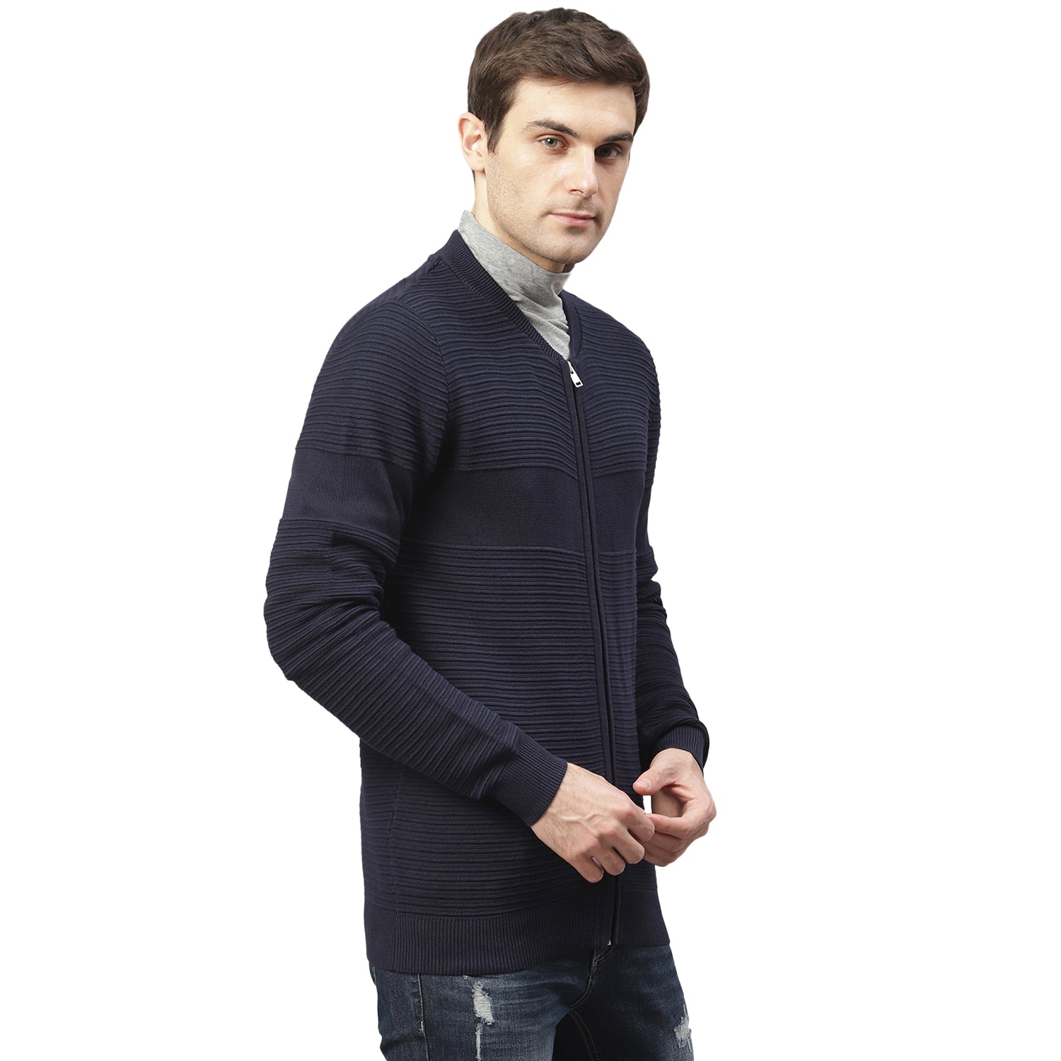 Lindbergh Men Blue Solid Mandarin Collar Sweater