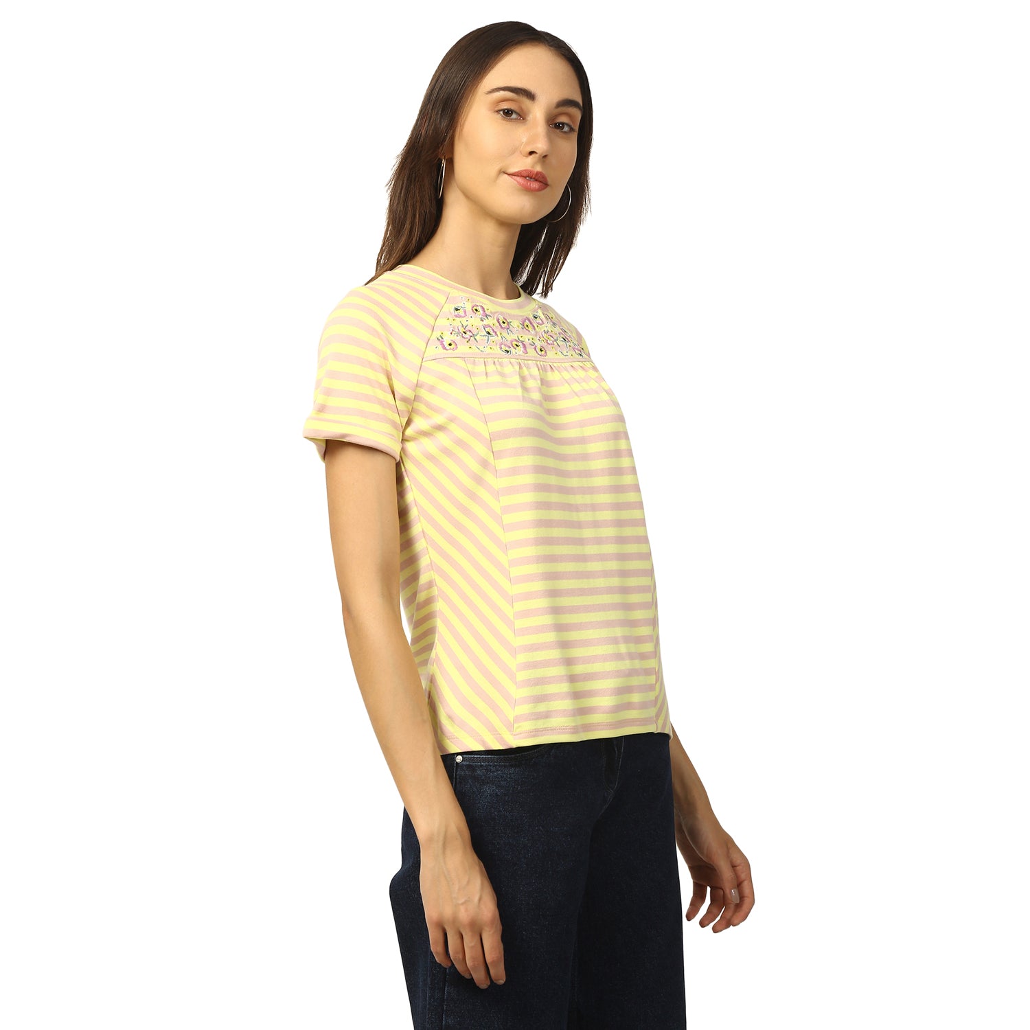 Elle Women Yellow Printed Round Neck TShirt