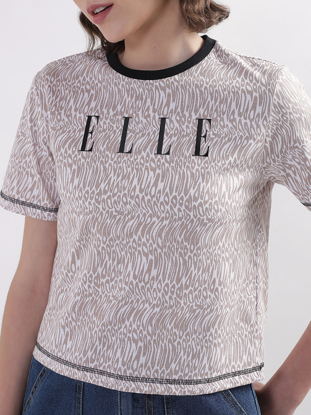 Elle Women Beige Solid Round Neck TShirt