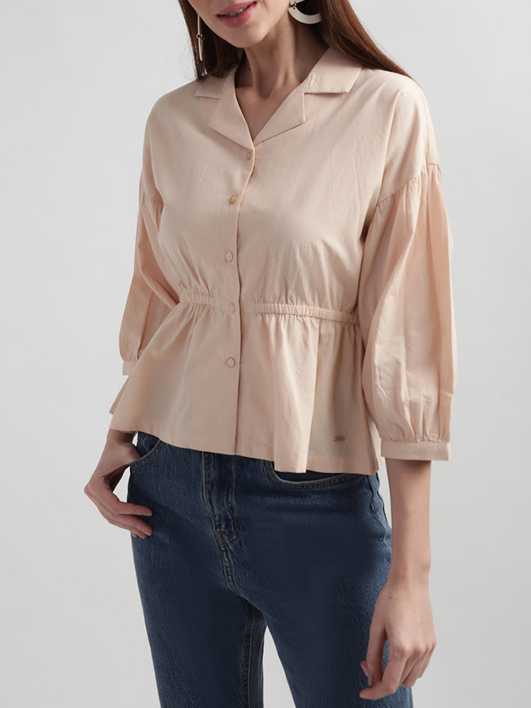 Elle Women Beige Solid Collar Top